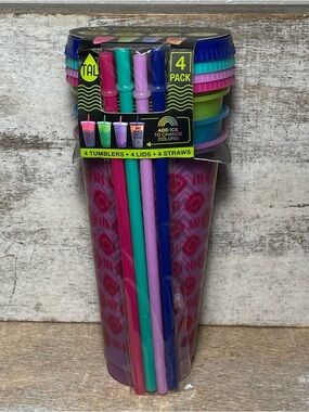 Set 4 Pack Tal Color Changing Reusable SWIRLS Tumblers, Straws & Lids 24oz New